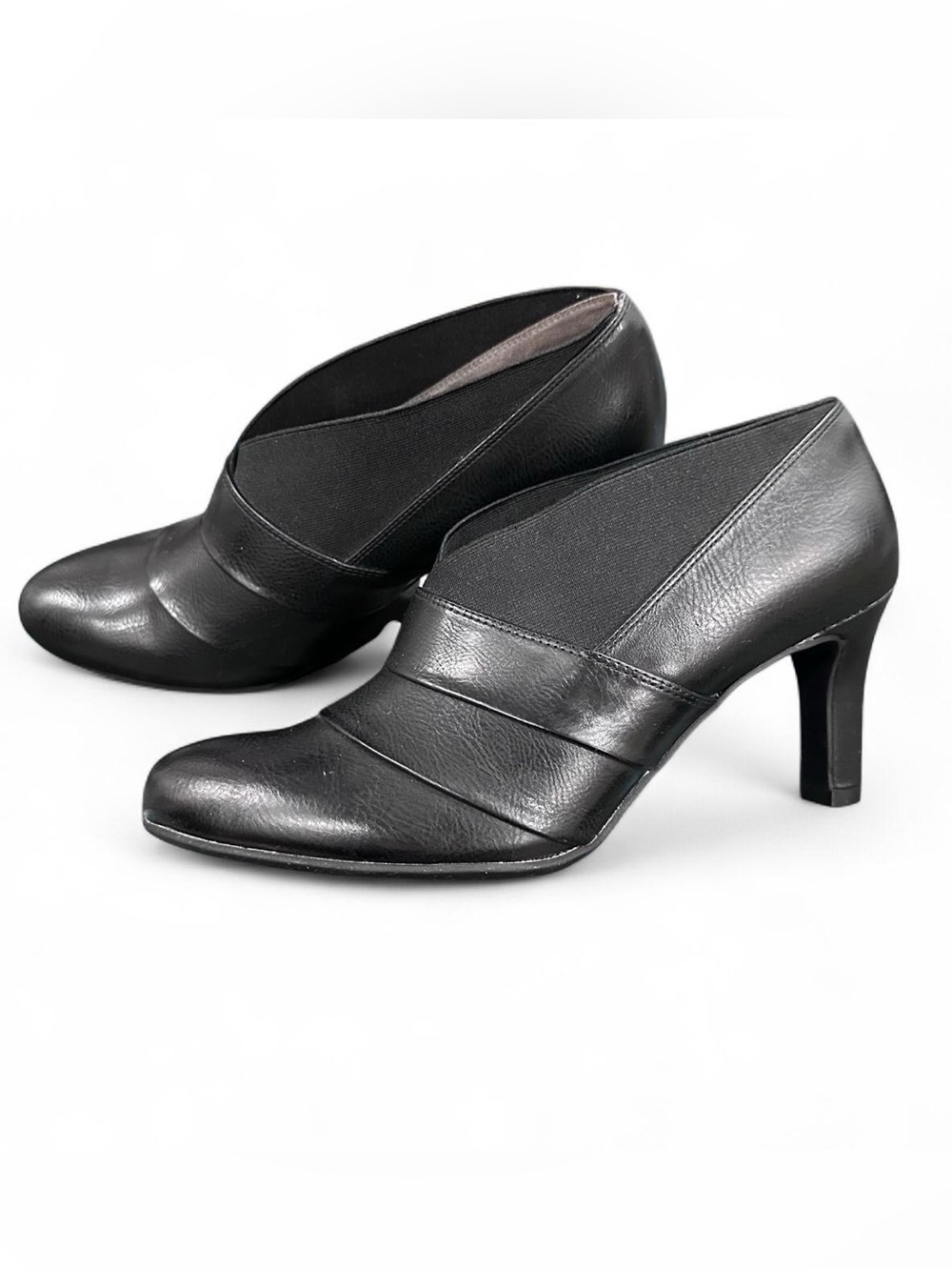 Life Stride Black Leather Mid-Heel Slip-On Booties